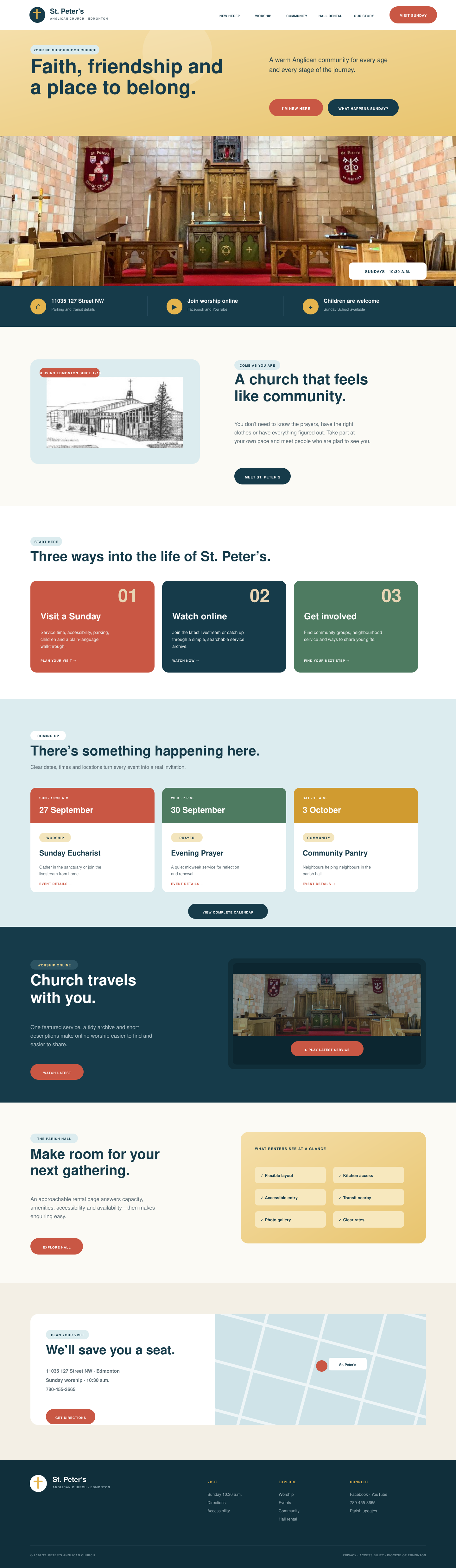 Full proposed St. Peter’s homepage, including visitor information, worship, community, events and hall rental sections