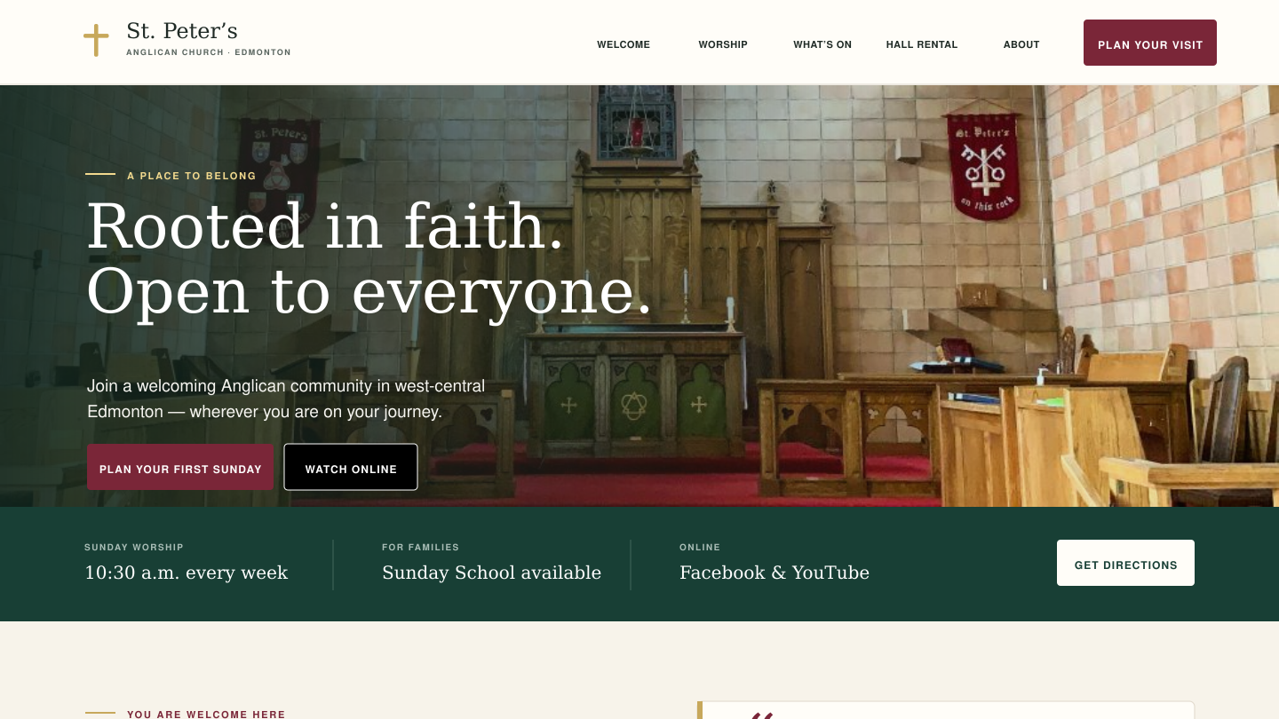Warm Welcome homepage concept with prominent service time and first-visit actions